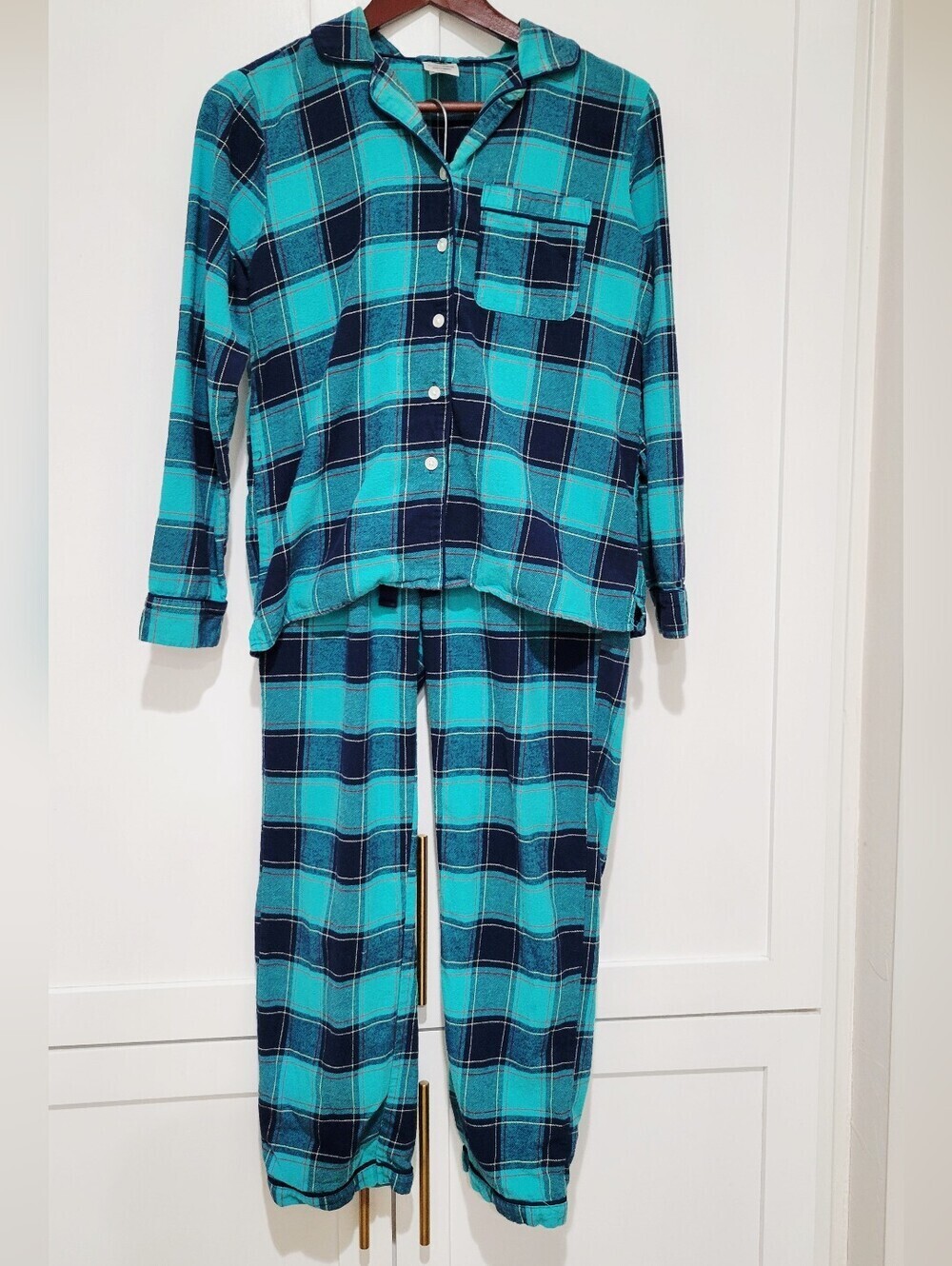 Lands' End 100% Cotton Flannel Teal & Navy Plaid Pajama Set | Size Small